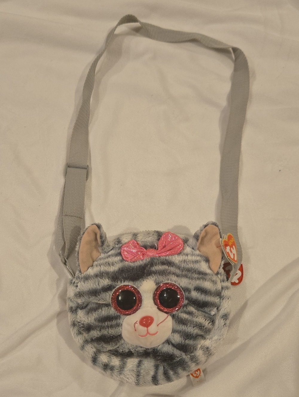 Ty Gray Tabby Kitty Plush Crossbody Bag with Pink Bow